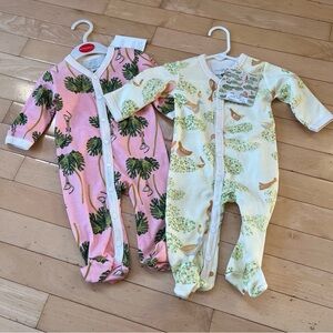 Apple Park Organic Cotton NWT Footie Pajamas Lot 2 Monkey Bird NWT 0-3 Months